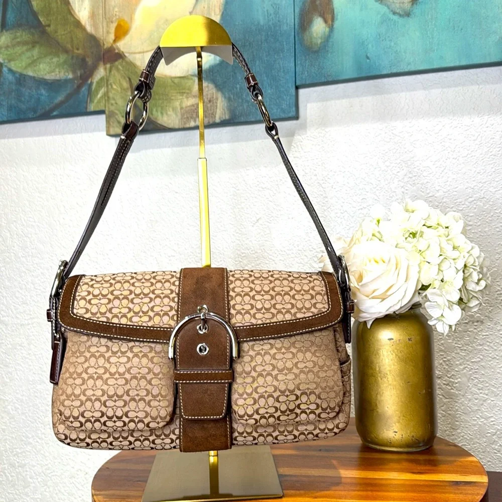 Coach Vintage Beige Brown Monogram Canvas With Brown Suede Soho Shoulder Bag - Picture 2 of 15